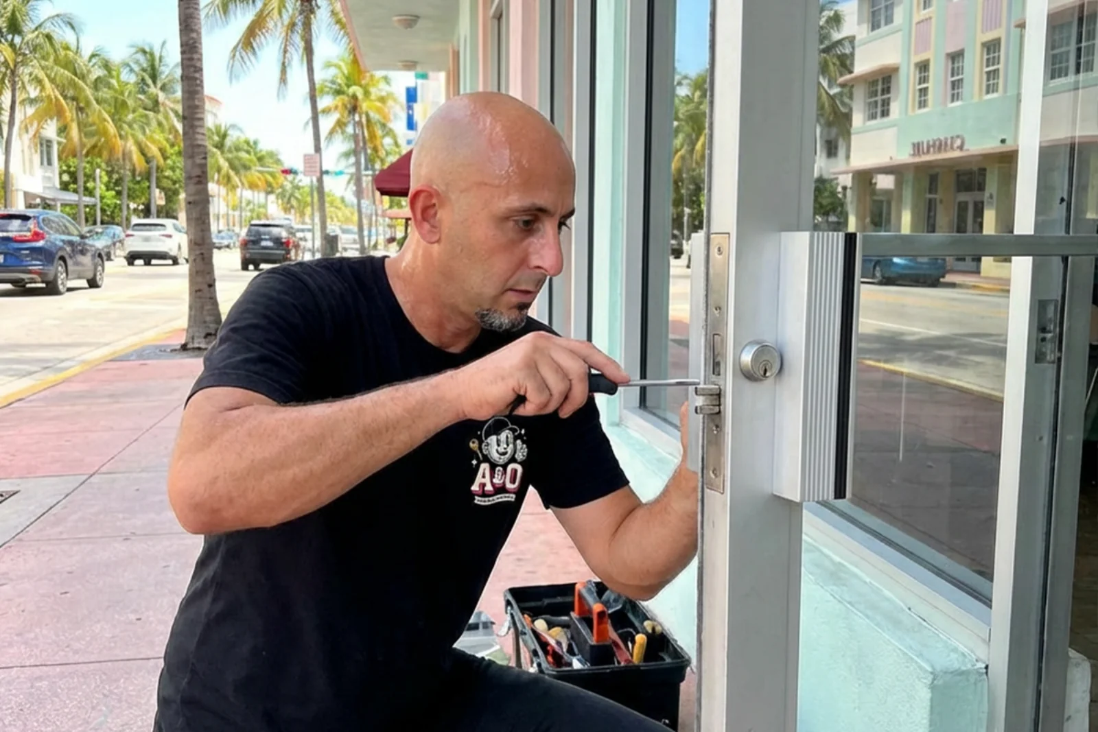 A&O Premium Locksmith commercial service on a Miami storefront door