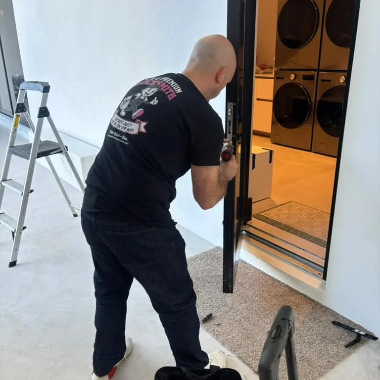 Oscar from A&O Premium Locksmith replacing a front-door lock at a Miami home